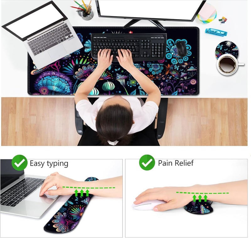 AIMSA Large Gaming Mouse Pad Set, Keyboard Wrist Rest Support+ Extended Mousepad+ Mouse Wrist Cushion+Coaster, Ergonomic Multifunctional Desk Mat 35x15.7in, Colorful Abstract Mushrooms - Image 3